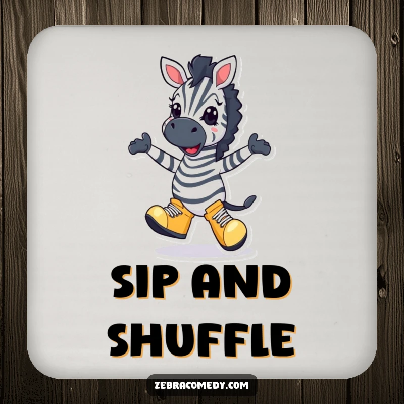 Funny Zebra Coaster: A zebra in oversized shoes doing a silly dance, adding amusing flair and protection to your surfaces.