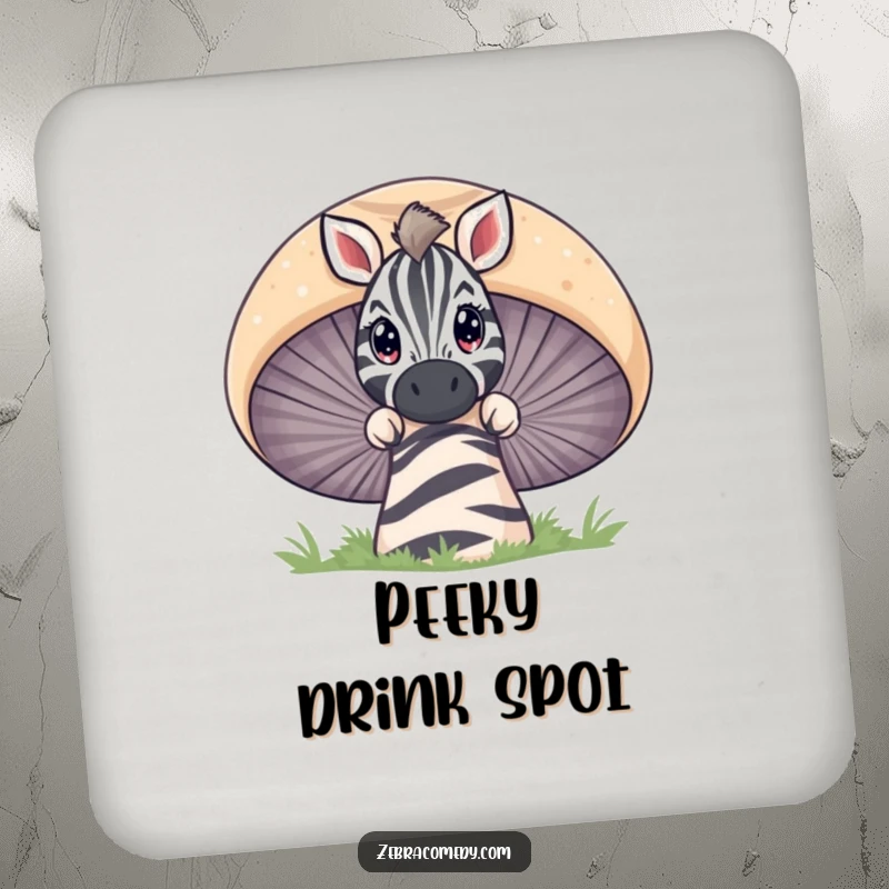 Funny zebra character curiously peeking over a giant striped mushroom, a protective and decorative coaster for drinks.