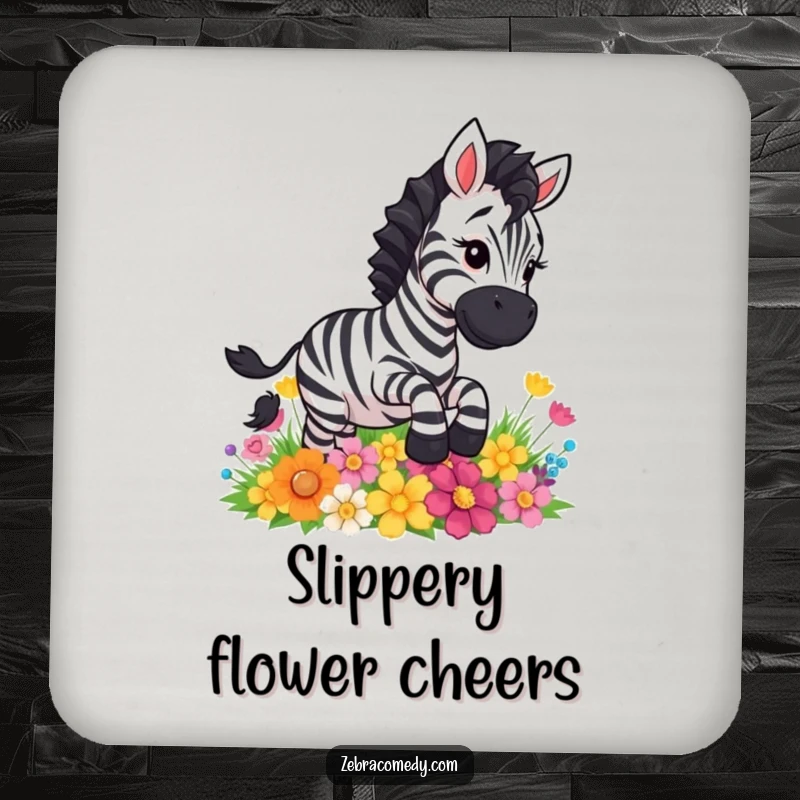 Funny zebra character comically slipping on colorful flowers, a protective and decorative coaster for drinks.