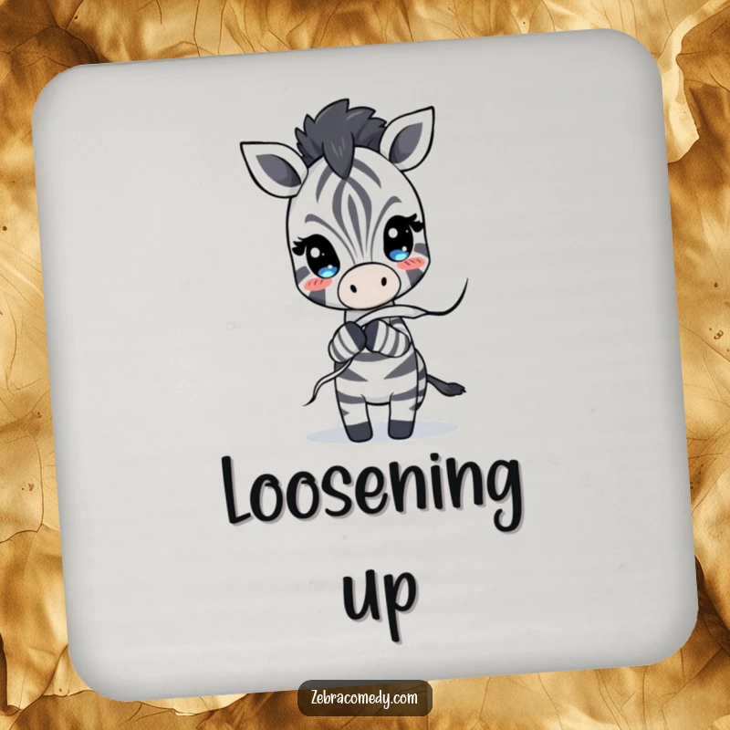 Funny Drink Coaster showcasing a zebra character playfully tugging on a loose, unraveling stripe, a humorous and practical addition.