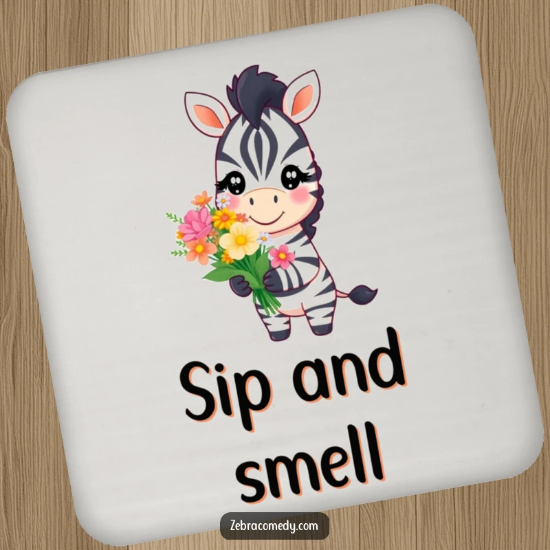 Funny zebra character with a sweet smile offering a bouquet of flowers, printed on a drink coaster for sweet surface protection.
