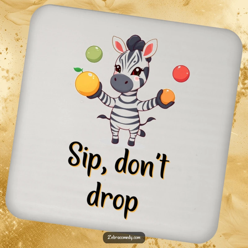 Funny zebra drink coaster illustrating a zebra playfully juggling colorful fruit with excitement, offering playful surface protection.