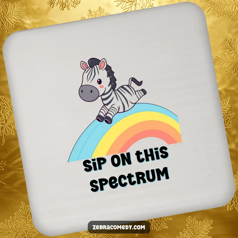 Funny Zebra Coaster: A grinning zebra sliding down a rainbow, protecting surfaces with humor.