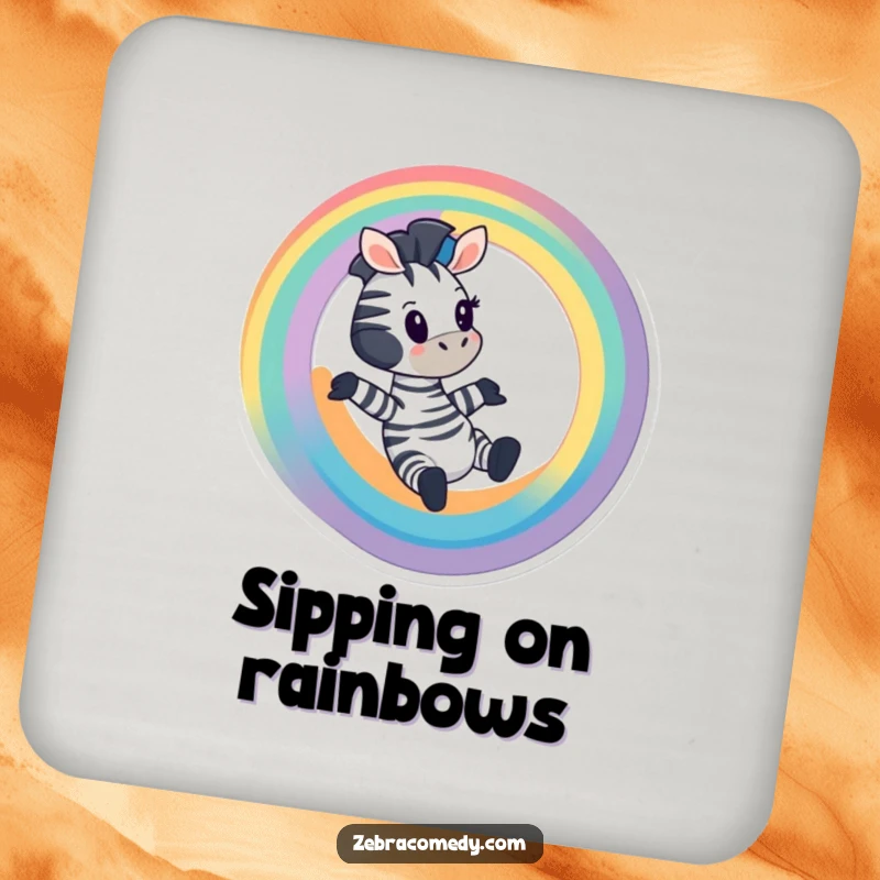Funny Zebra Coasters: A cartoon zebra sliding down a rainbow, protecting tables with style, perfect gift.