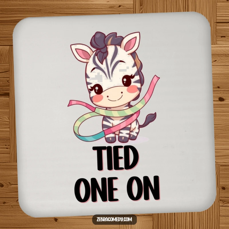 Funny drink coaster with a smiling zebra character playfully tangled in a whimsical ribbon, adding humorous charm to table protection.