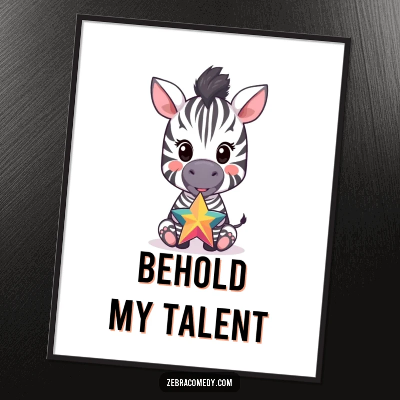 Funny poster of a happy zebra cub perfectly balancing a bright star on its nose, creating a scene of pure, delightful concentration.