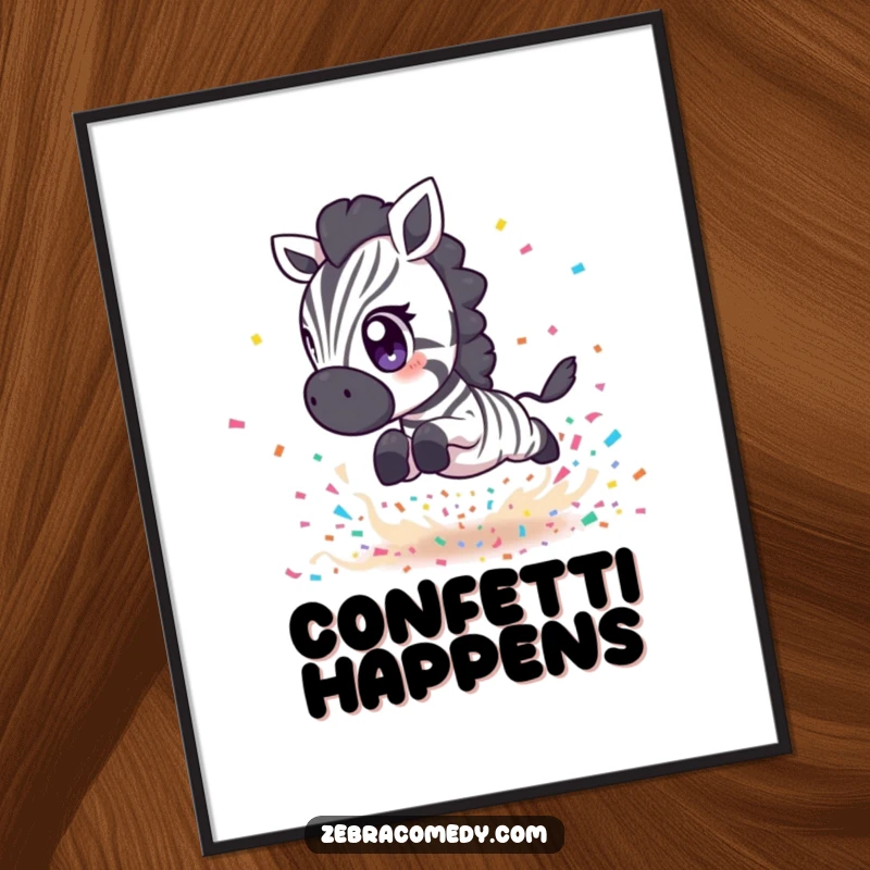 Funny Zebra Poster: A short zebra with big eyes leaping over a playful confetti explosion, vibrant and fun, gift idea.