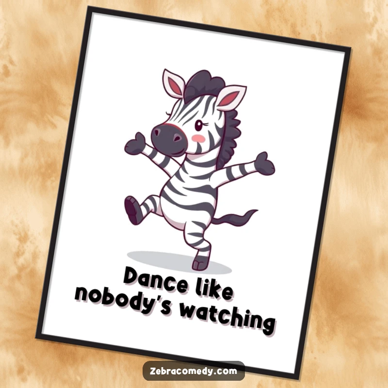 Funny zebra character captured mid-silly dance, arms and legs in a joyful, chaotic blur, adorning a vibrant wall poster.