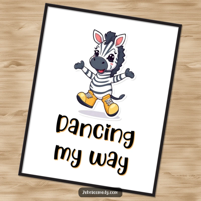 Funny Zebra Poster: A happy zebra character wearing big shoes, doing a comical silly dance with a wide grin, radiating joy.