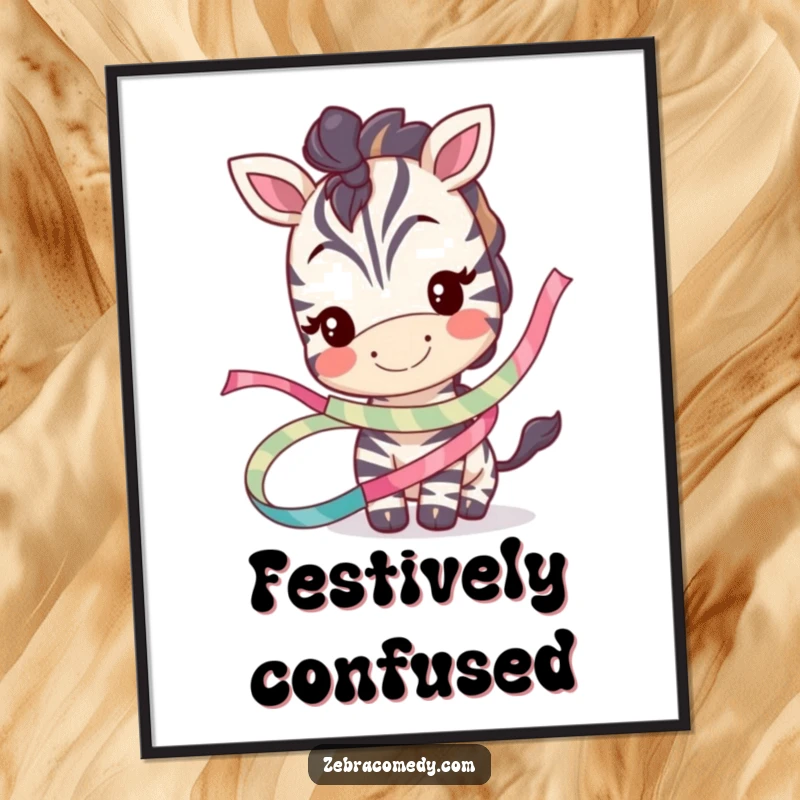 Funny poster of a smiling zebra character playfully tangled in a whimsical ribbon, creating a cheerful and humorous wall decoration.