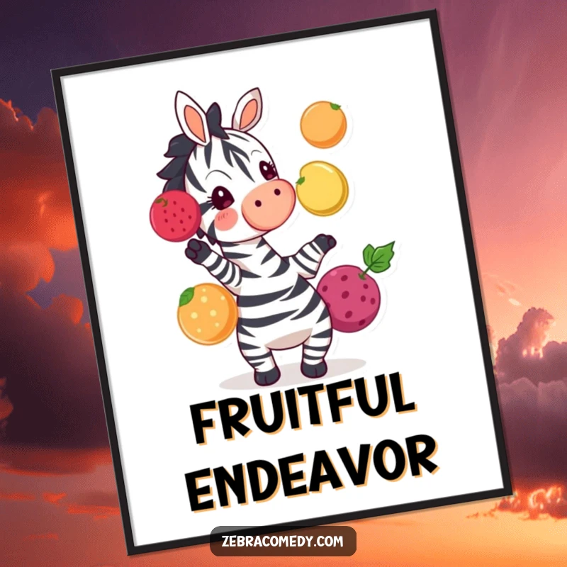 Funny zebra character in mid-juggle with colorful fruits, creating a dynamic and cheerful piece of wall art.