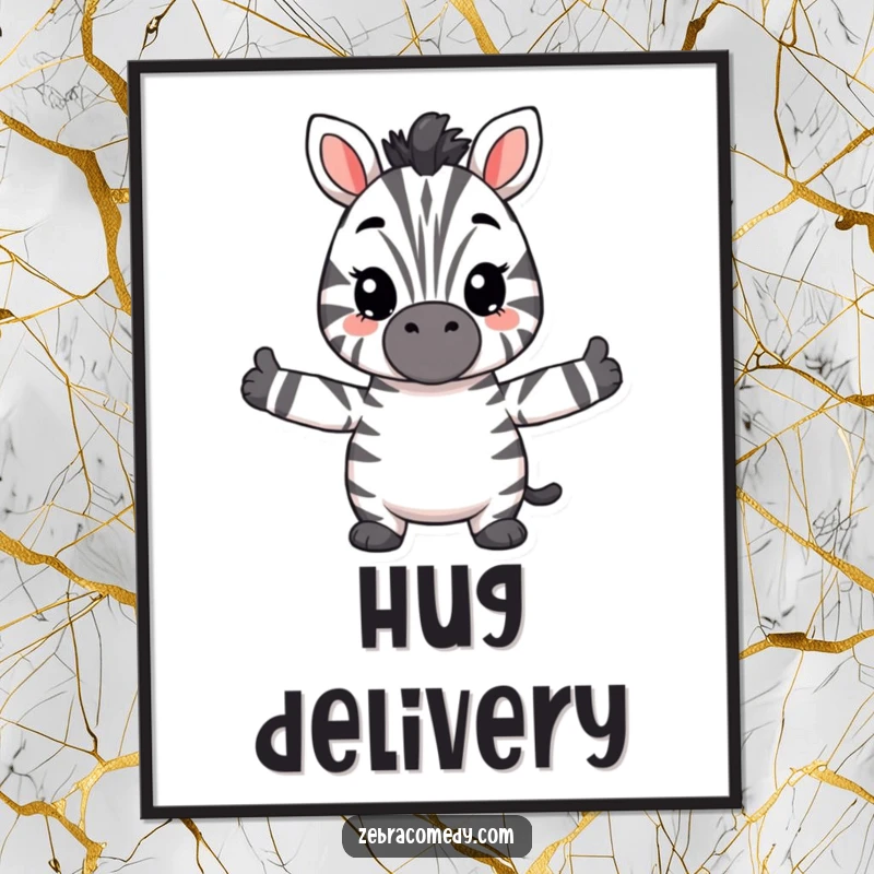 Funny hugging zebra poster featuring a fuzzy zebra with arms outstretched, ready to embrace, adding cheerful and humorous vibes.