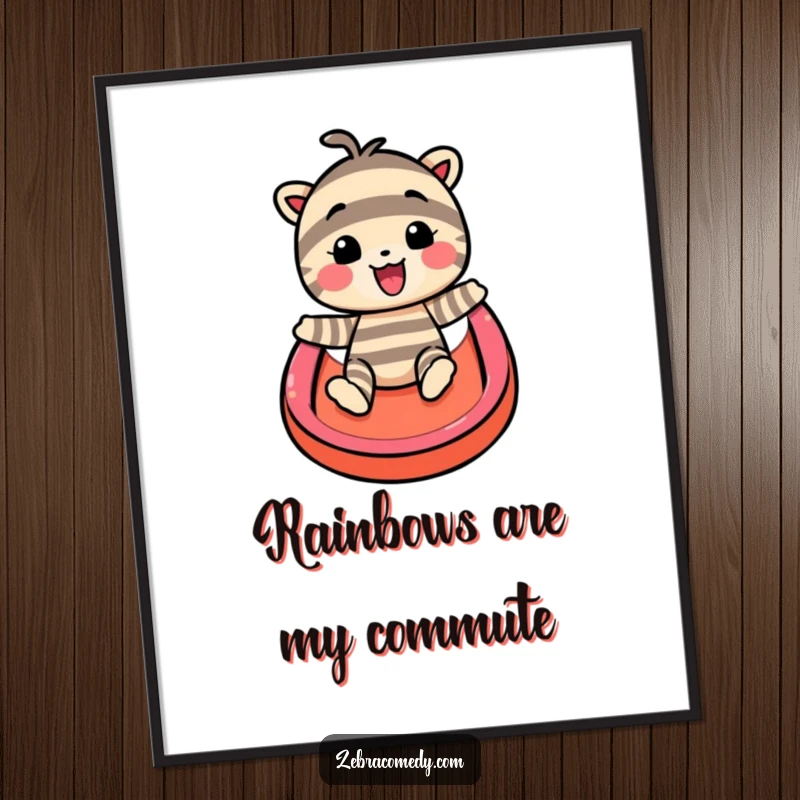 Funny poster displaying a joyful striped character mid-slide down a bright rainbow, bringing a dynamic sense of fun and colorful delight.