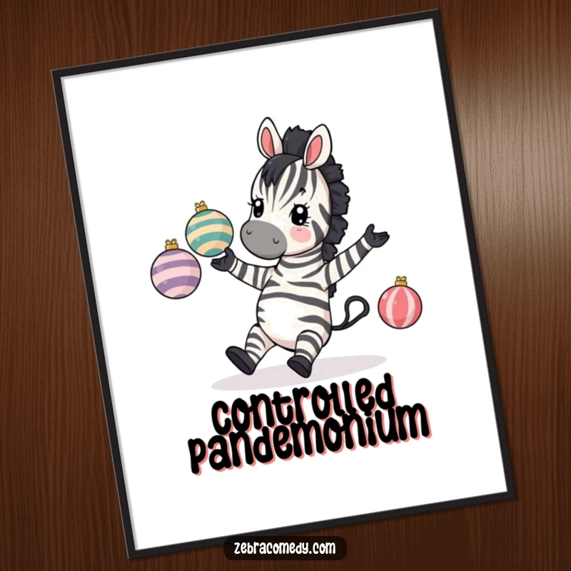 Funny Zebra Poster: A zebra comically tripping while juggling striped baubles, humorous wall art for a playful space.
