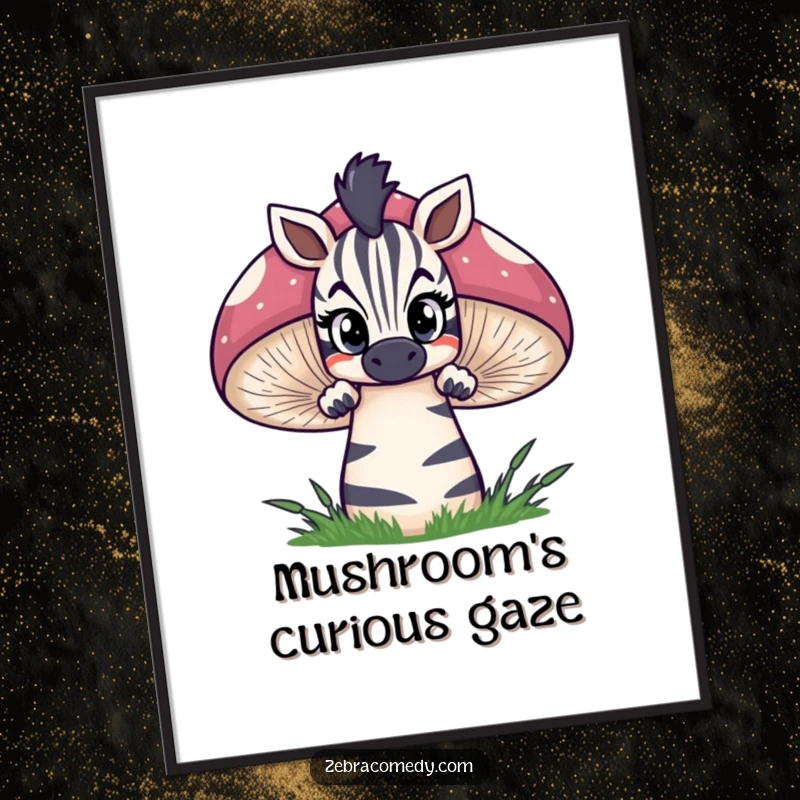 Funny zebra poster of a curious zebra peeking over a giant, striped mushroom with wide, inquisitive eyes, creating a whimsical and charming scene.