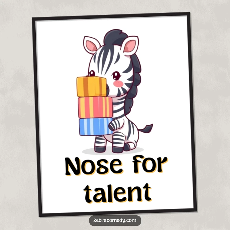 Funny Zebra Poster: A skilled zebra artistically balances a tall stack of colorful striped cubes on its nose, showcasing impressive focus and a comical pose.