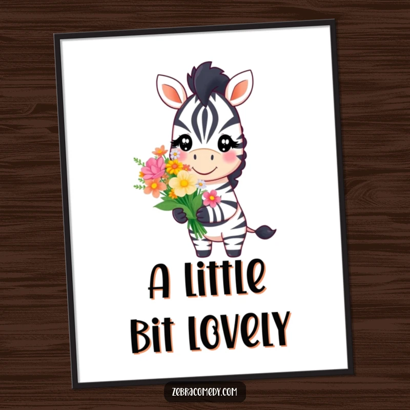 Funny zebra character with a sweet smile offering a bouquet of flowers, displayed on a heartwarming poster for gentle decor.