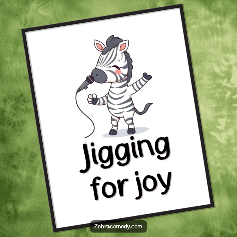 Funny Zebra Poster of a zebra in striped socks happily jiving with a microphone, adding musical humor.