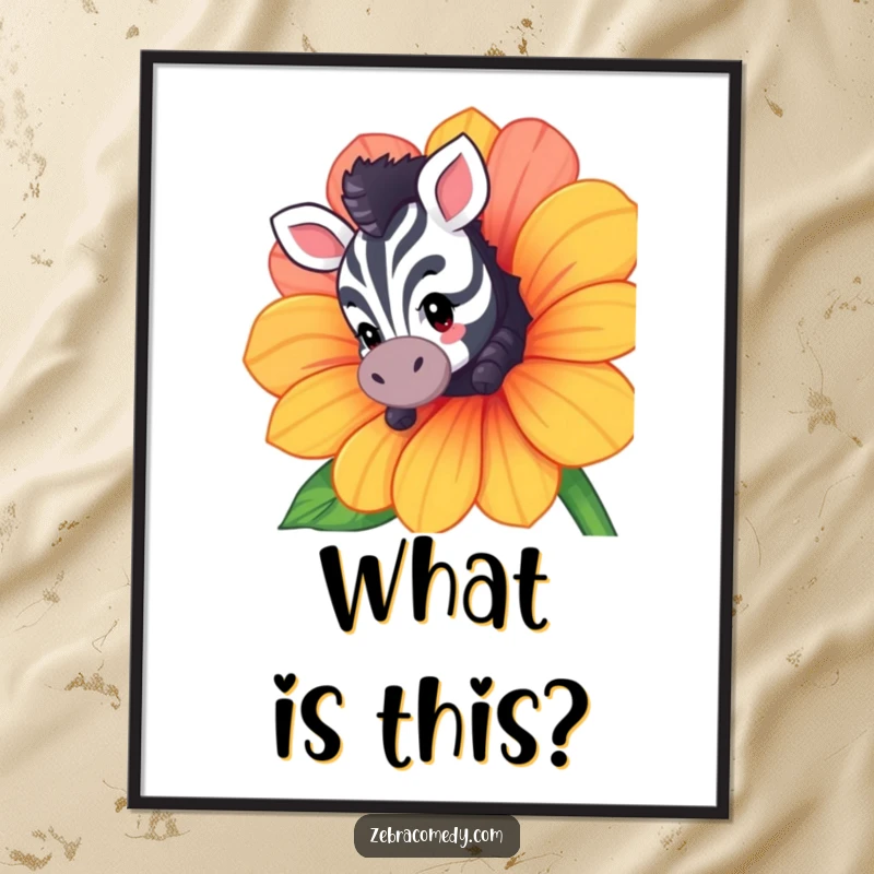 Funny poster art of a curious zebra character peeking from behind a large, colorful flower, capturing playful wonder and humor.