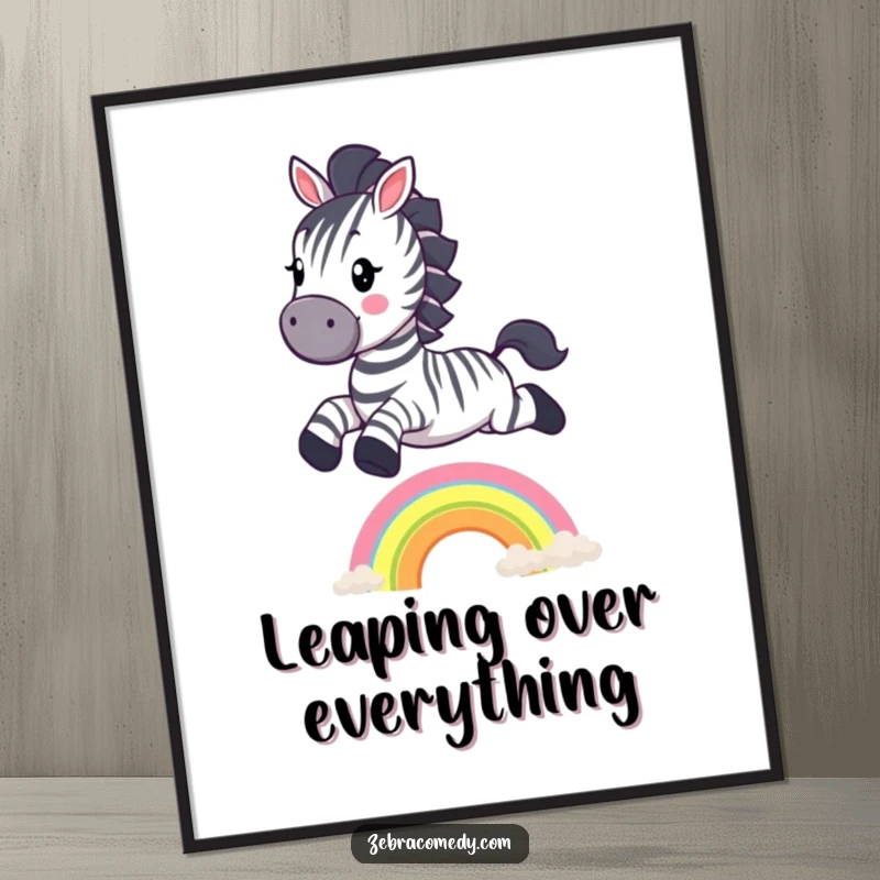 Funny Zebra Poster: A happy zebra character mid-jump over a small, colorful rainbow, creating a whimsical and joyful visual.