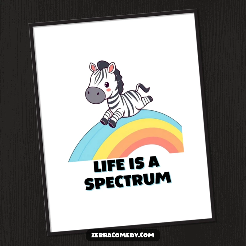 Funny Zebra Poster: A zebra sliding down a rainbow with a wide grin, humorous wall art for a cheerful space.