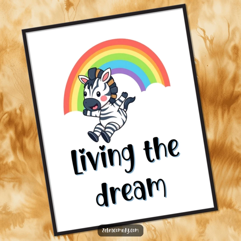 Funny Zebra Poster: A joyful zebra slides down a vibrant rainbow, shouting with glee, creating a visually uplifting and humorous piece of art.