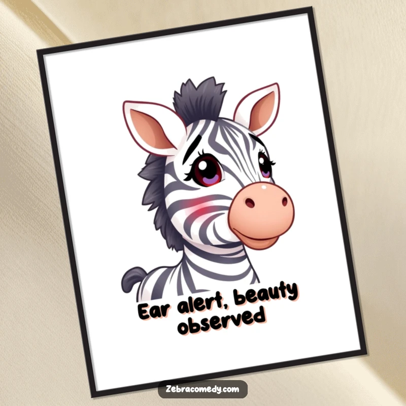 Funny zebra poster, stripy ears perked, gazing upwards in wonder, a charming and humorous depiction of curiosity.