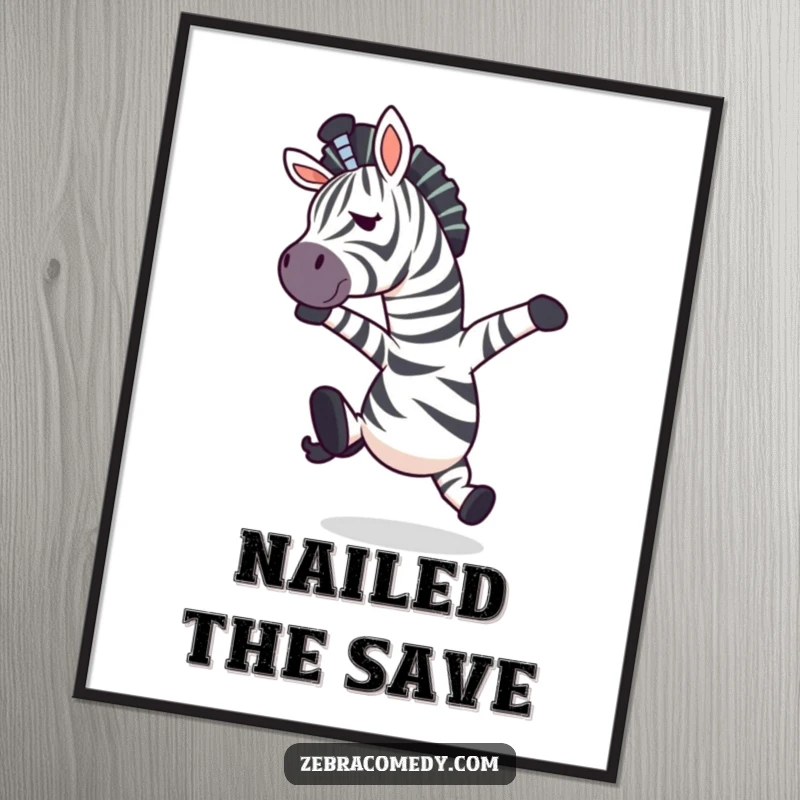 Funny zebra character in a mid-air surprise pose after tripping, presented as a dynamic and humorous poster.