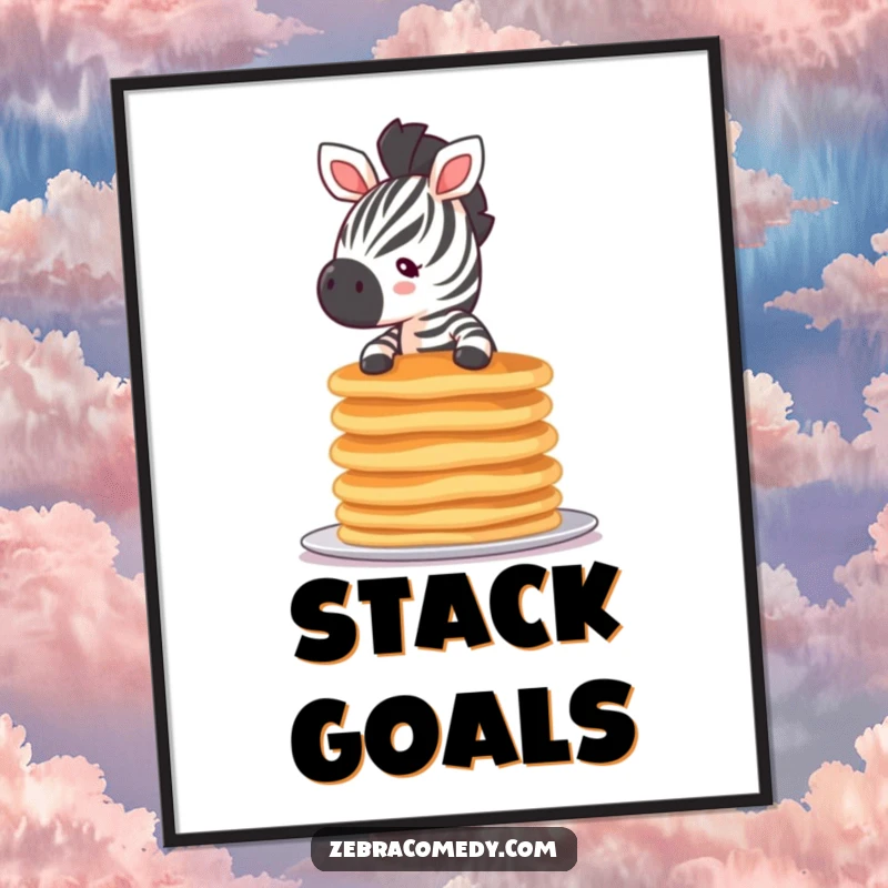 Funny tiny zebra pancake poster showing a small zebra precariously balancing pancakes, adding a humorous and whimsical touch to any room.