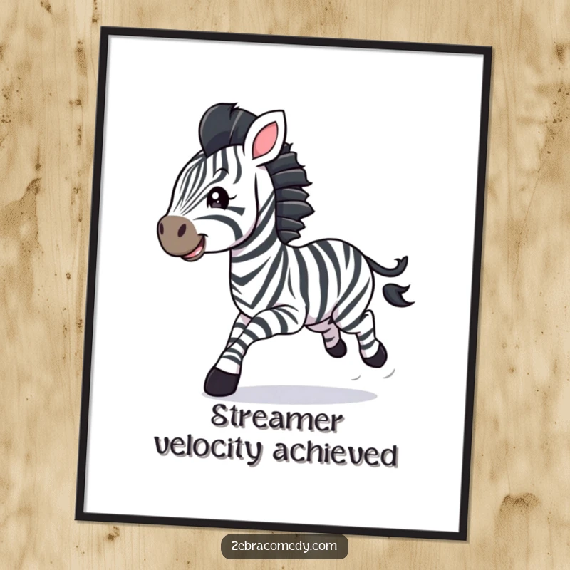 Funny zebra cub poster, galloping with streamers flying, a dynamic and humorous depiction of pure celebration.