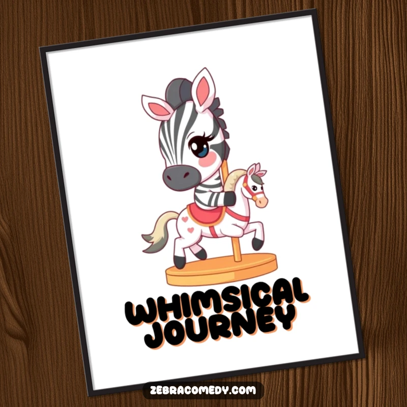 Funny Poster of a zebra character with a mischievous wink, riding a miniature carousel horse, creating a whimsical and humorous display.