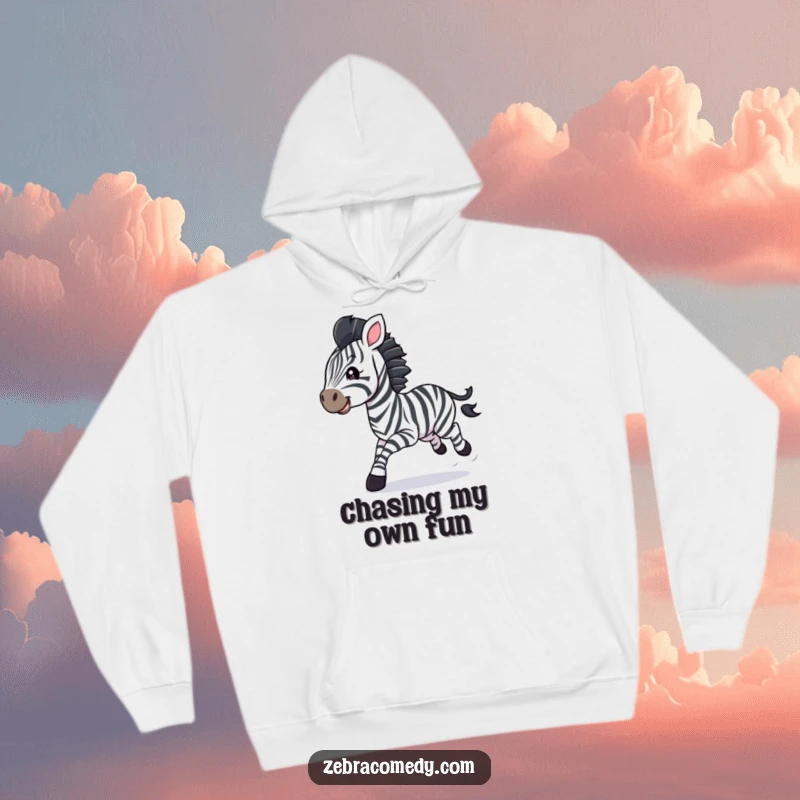 Funny zebra cub hoodie, galloping joyfully with streamers trailing, embodying celebration and carefree spirit.