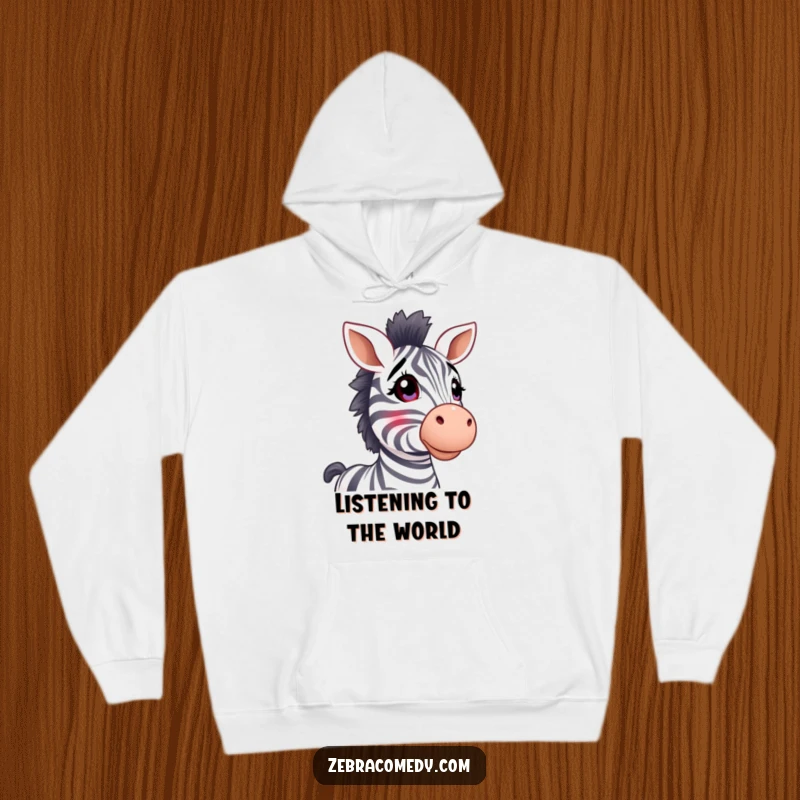 Funny zebra hoodie, stripy ears perked, looking up with wide-eyed wonder, embodying curiosity and gentle fascination.