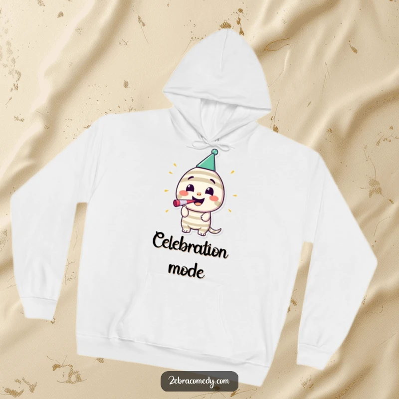 Funny Striped Party Character Hoodie: A happy striped character in a party hat blows a noisemaker, radiating festive energy.