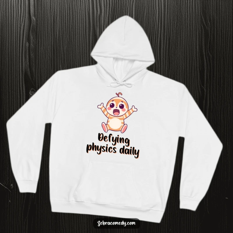 Funny hoodie depicting a surprised striped character mid-jump, radiating happiness and a sense of playful adventure.