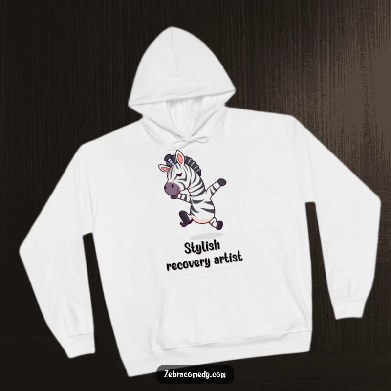 Funny zebra character caught mid-air in surprise after tripping, featured on a comfortable hoodie.