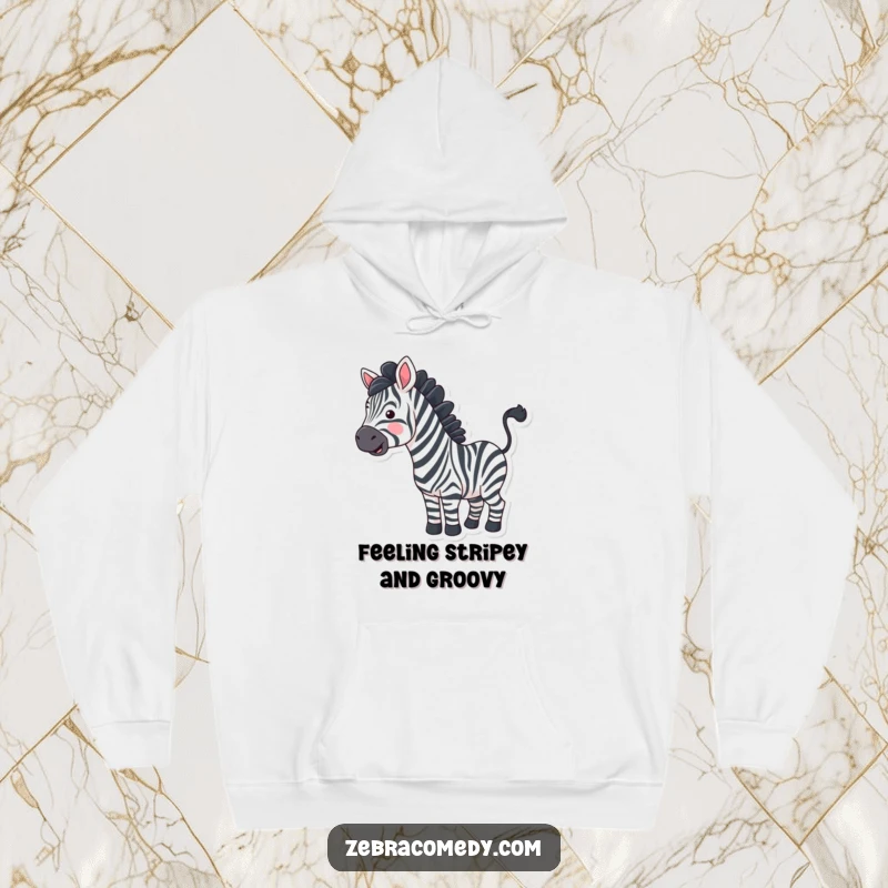Funny zebra with exaggerated wavy stripes happily wiggling its tail, featured on a comfortable hoodie.
