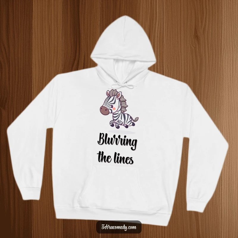 Funny Hoodie: A spirited zebra character bounces energetically, its stripes a blur of motion, perfect for cozy, humorous wear.
