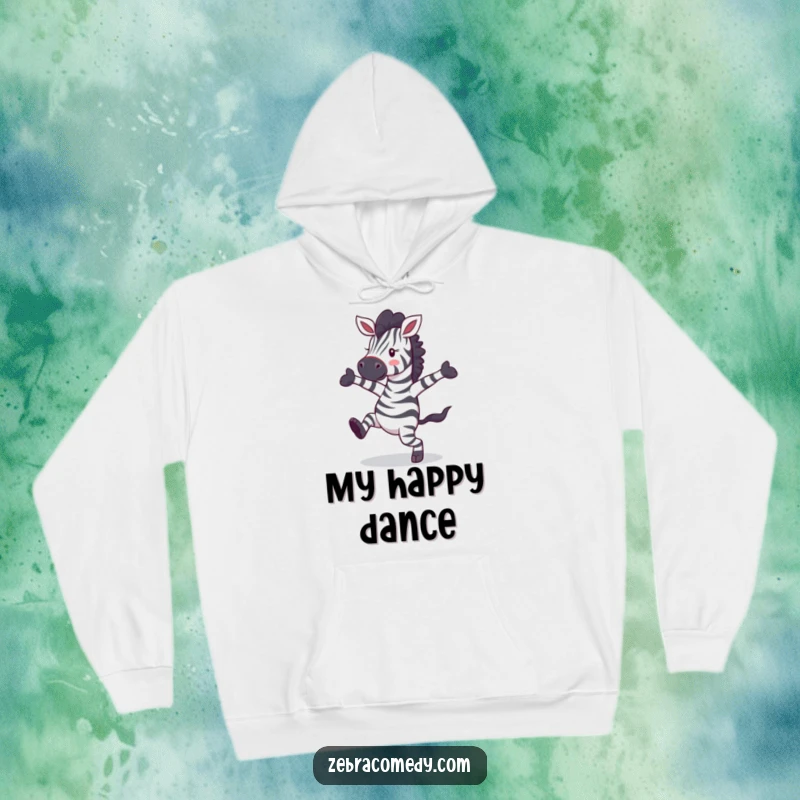 Funny zebra character performing wild dance moves, arms and legs flailing chaotically, perfect for a warm and humorous hoodie.