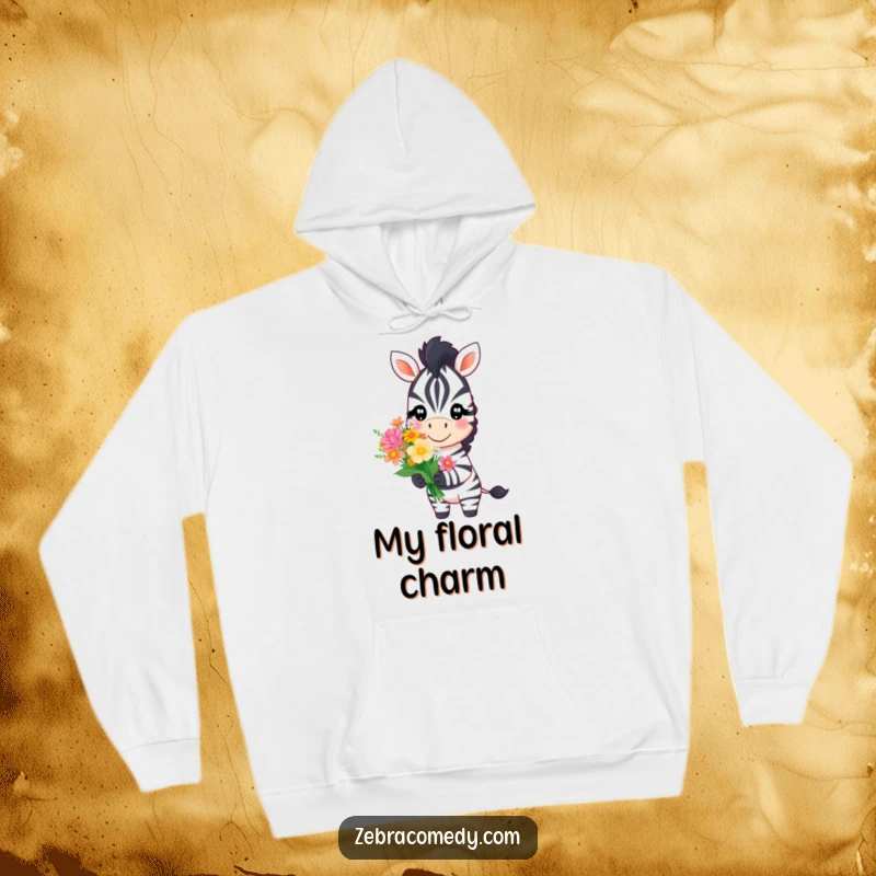 Funny zebra character with a sweet smile offering a bouquet of flowers, perfect for a cozy and heartwarming hoodie.