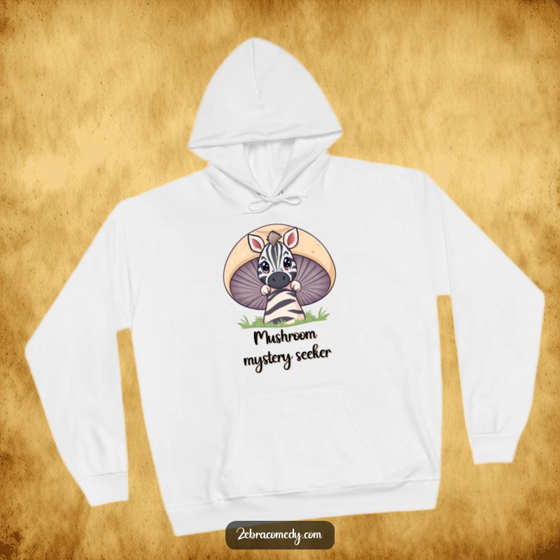Funny zebra peeking with wide eyes over a giant striped mushroom, a comfortable and amusing hoodie for curious minds.