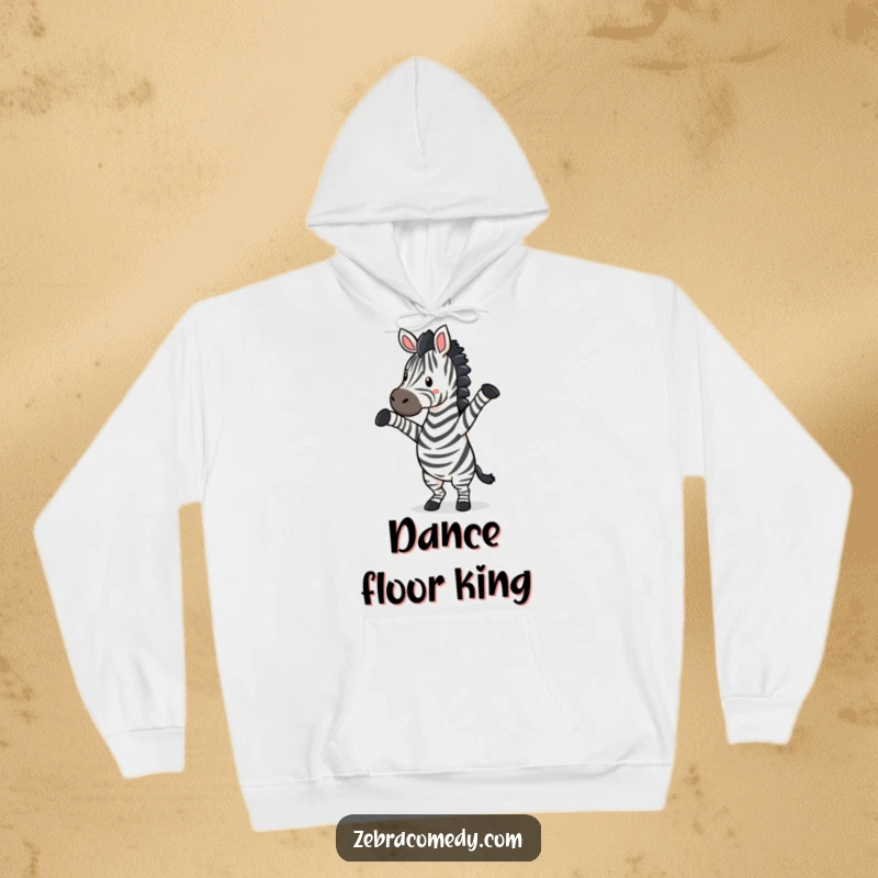 Funny zebra doing a silly dance with front legs airborne, a comfortable and amusing hoodie for warm, joyful moments.