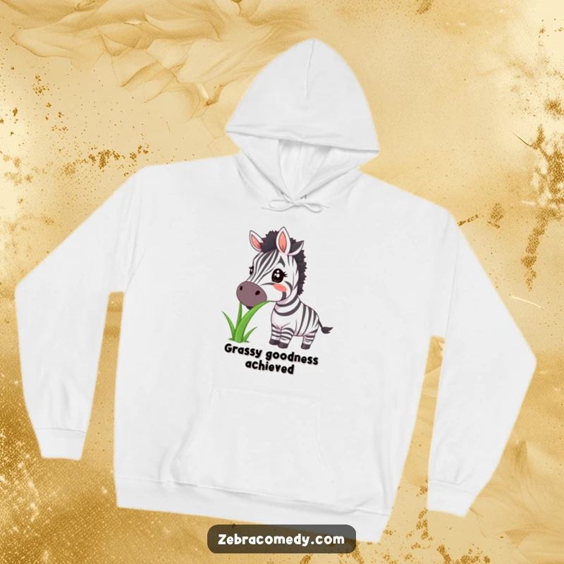 Funny zebra hoodie with a huge smile munching on grass, offering cozy comfort and cheerful vibes.