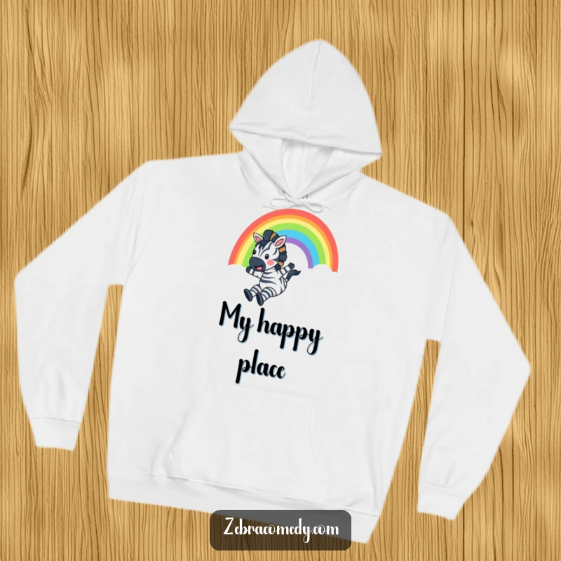 Funny Zebra Hoodie: A joyful zebra slides dramatically down a bright rainbow, shouting with pure delight, perfect for cozying up.