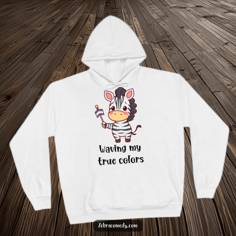 Funny Zebra Hoodie: A happy zebra waves a striped flag with enthusiastic joy, perfect for cozying up in cheerful style.