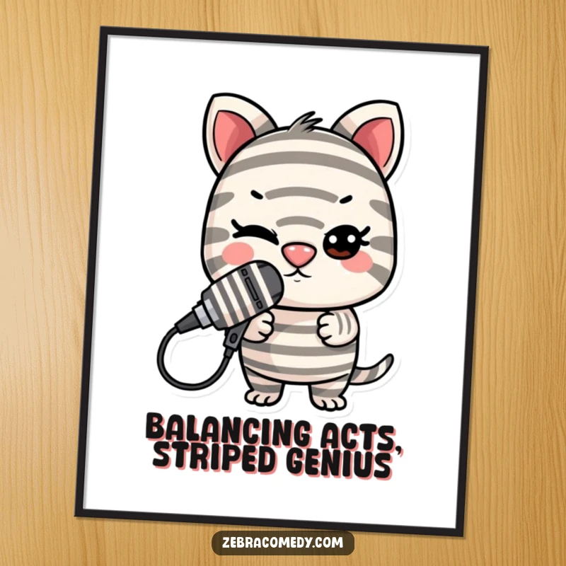 Funny Free Printable Wall Art: Striped character with a mischievous wink, balancing a microphone on its nose.
