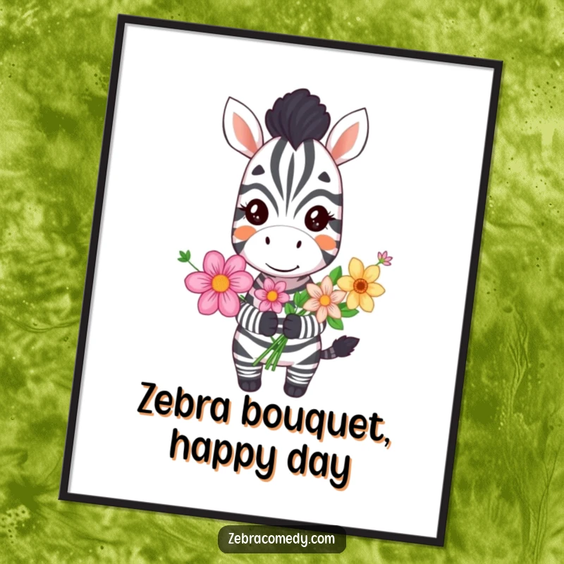 Funny Free Printable Wall Art showing a silly-grinned zebra holding a lavish bouquet of flowers, colorful downloadable art.