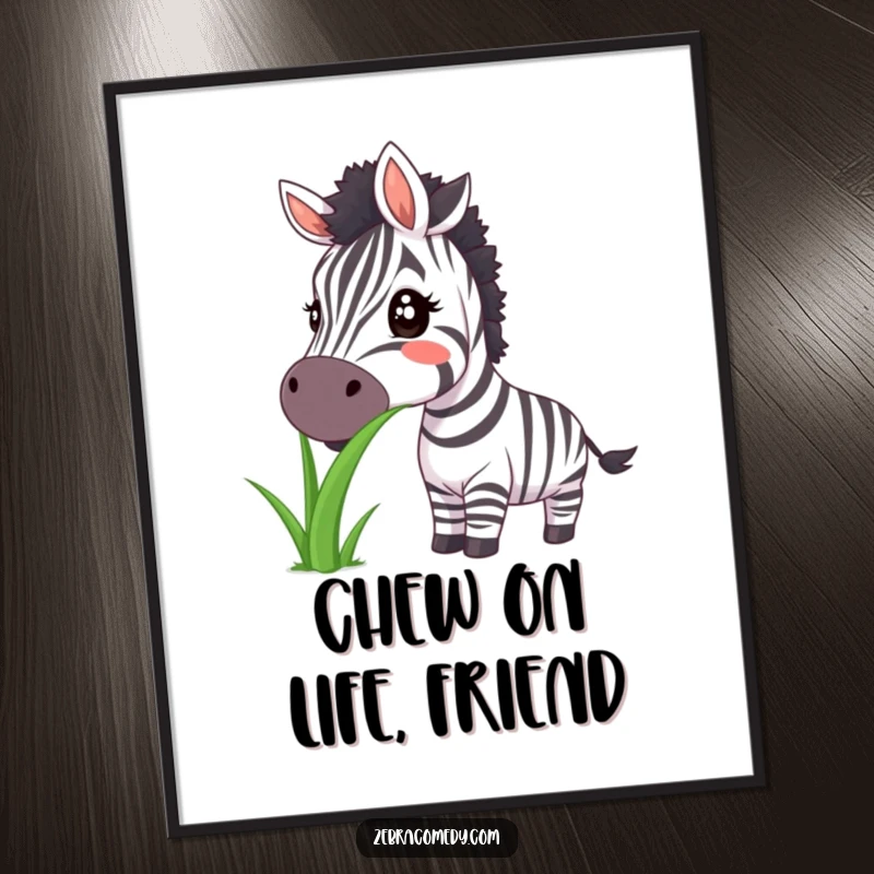 Funny Free Printable Wall Art: Zebra with a massive smile enthusiastically munches on an oversized blade of grass. Comedic animal.