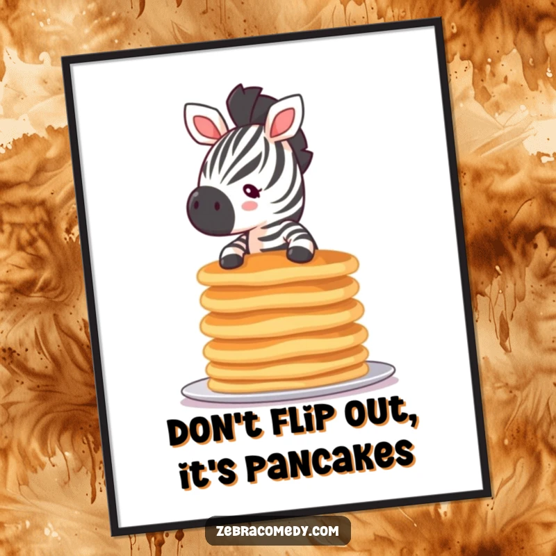 Funny Free Printable Wall Art depicting a tiny zebra precariously balancing a huge stack of pancakes, quirky downloadable art.