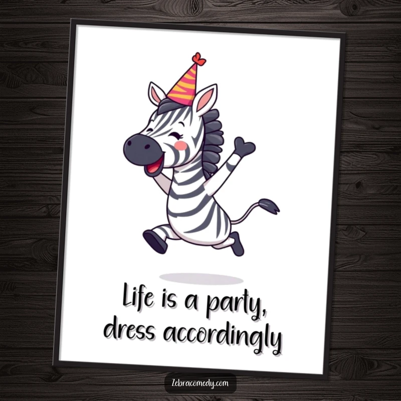 Funny free printable wall art: A zebra in a party hat leaps with pure joy, a vibrant downloadable piece for any room.